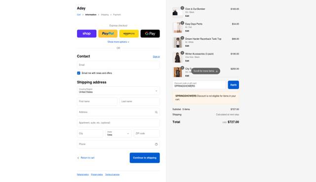 ADAY checkout page showing ADAY discount code box | Screenshot taken by SimplyCodes community member on Sep 15, 2025