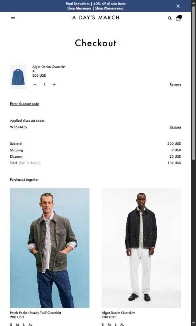 A Day's March checkout page showing A Day's March promo code box | Screenshot taken by SimplyCodes community member on Aug 17, 2025