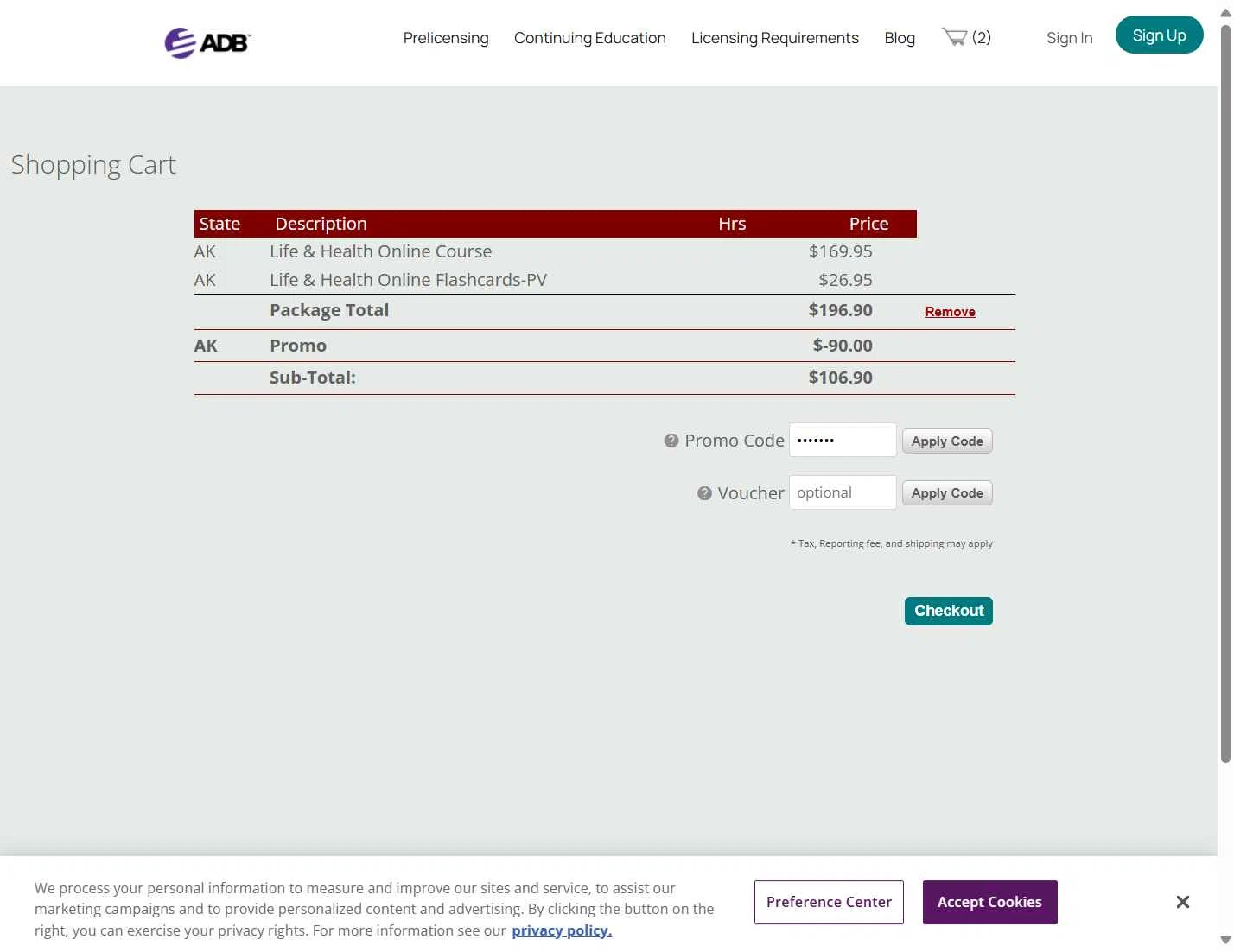 A.D. Banker checkout page showing A.D. Banker promo code box | Screenshot taken by SimplyCodes community member on Sep 19, 2025