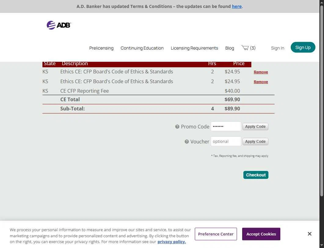 A.D. Banker checkout page showing A.D. Banker promo code box | Screenshot taken by SimplyCodes community member on Aug 14, 2025