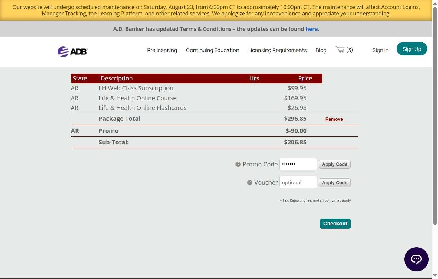 A.D. Banker checkout page showing A.D. Banker promo code box | Screenshot taken by SimplyCodes community member on Aug 22, 2025