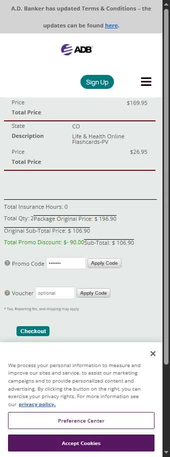 A.D. Banker checkout page showing A.D. Banker promo code box | Screenshot taken by SimplyCodes community member on Aug 26, 2025