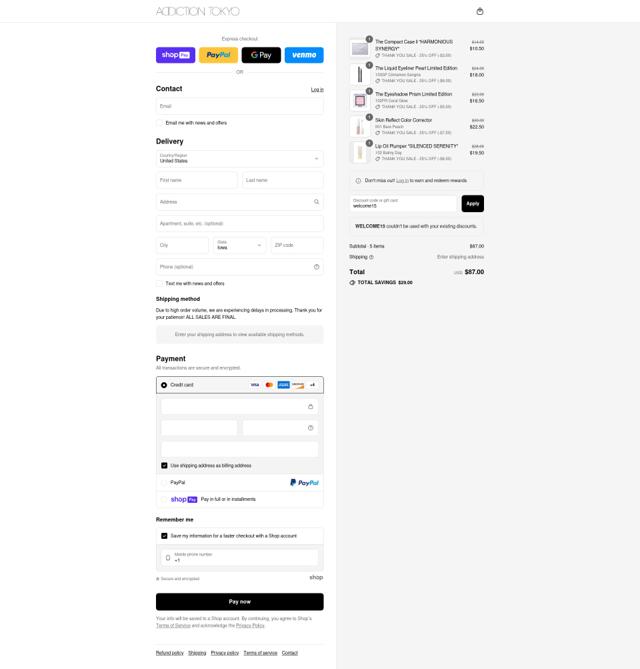 ADDICTION TOKYO checkout page showing ADDICTION TOKYO promo code box | Screenshot taken by SimplyCodes community member on Aug 10, 2025