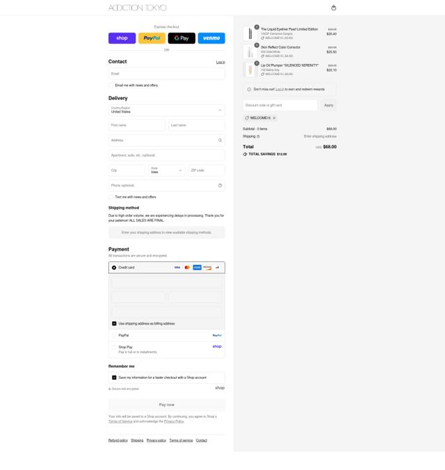 ADDICTION TOKYO checkout page showing ADDICTION TOKYO promo code box | Screenshot taken by SimplyCodes community member on Sep 9, 2025