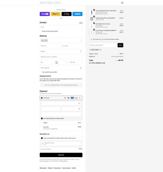 ADDICTION TOKYO checkout page showing ADDICTION TOKYO promo code box | Screenshot taken by SimplyCodes community member on Aug 27, 2025