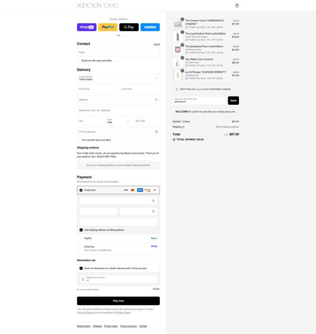 ADDICTION TOKYO checkout page showing ADDICTION TOKYO promo code box | Screenshot taken by SimplyCodes community member on Aug 18, 2025