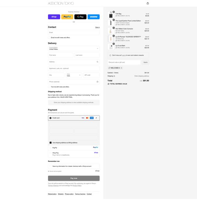 ADDICTION TOKYO checkout page showing ADDICTION TOKYO promo code box | Screenshot taken by SimplyCodes community member on Sep 13, 2025