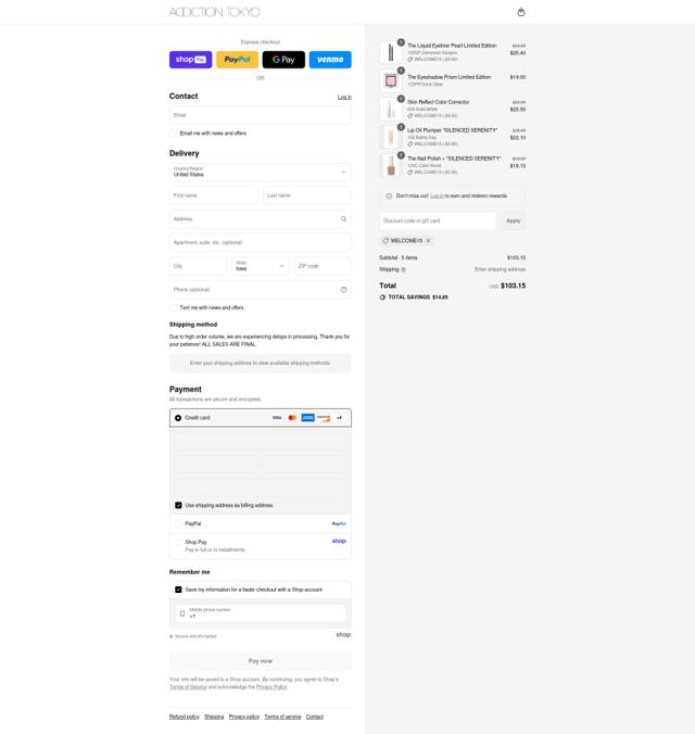 ADDICTION TOKYO checkout page showing ADDICTION TOKYO promo code box | Screenshot taken by SimplyCodes community member on Aug 23, 2025