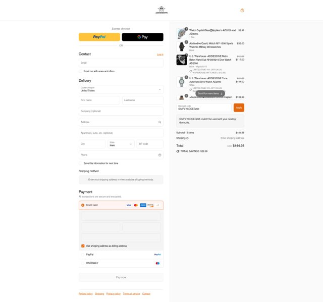 Addiesdive Watches checkout page showing Addiesdive Watches promo code box | Screenshot taken by SimplyCodes community member on Aug 25, 2025