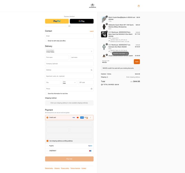 Addiesdive Watches checkout page showing Addiesdive Watches promo code box | Screenshot taken by SimplyCodes community member on Aug 25, 2025