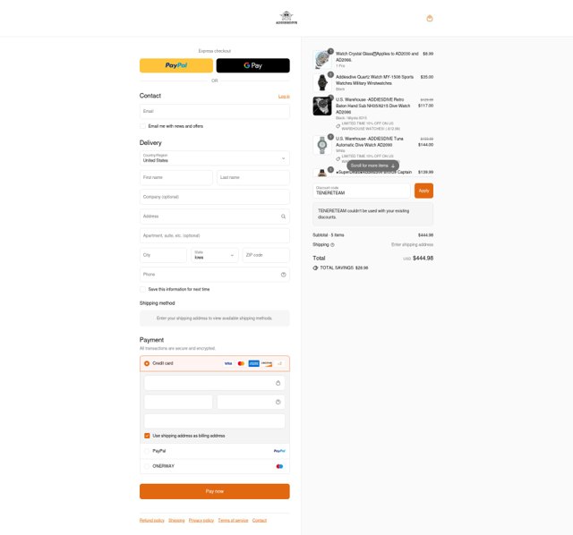 Addiesdive Watches checkout page showing Addiesdive Watches promo code box | Screenshot taken by SimplyCodes community member on Aug 25, 2025