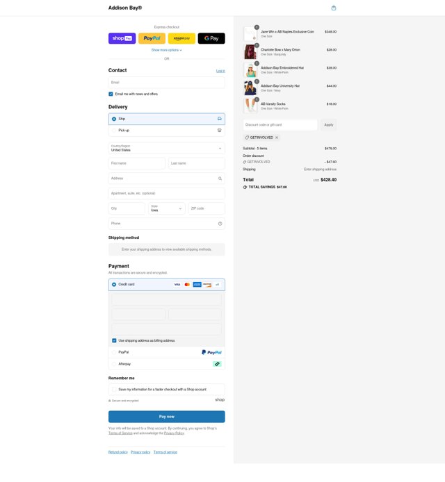 Addison Bay checkout page showing Addison Bay discount code box | Screenshot taken by SimplyCodes community member on Aug 7, 2025