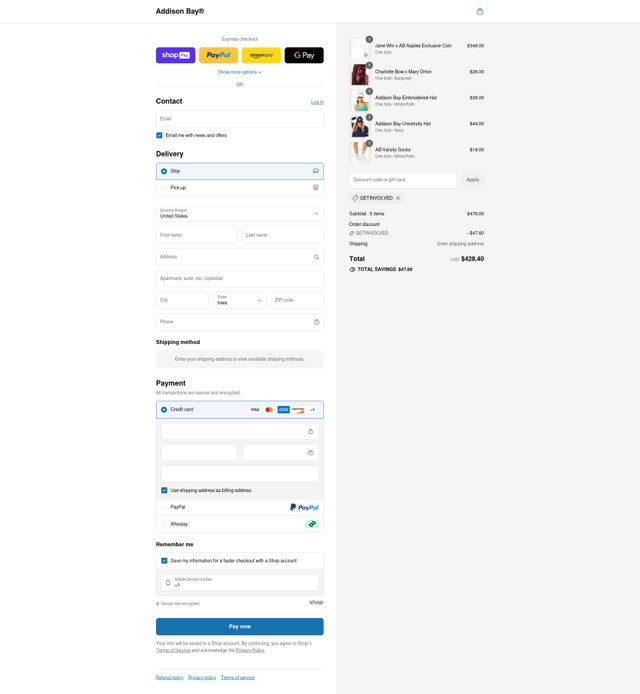 Addison Bay checkout page showing Addison Bay discount code box | Screenshot taken by SimplyCodes community member on Aug 3, 2025