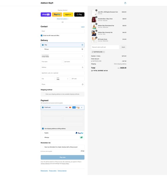 Addison Bay checkout page showing Addison Bay discount code box | Screenshot taken by SimplyCodes community member on Aug 11, 2025
