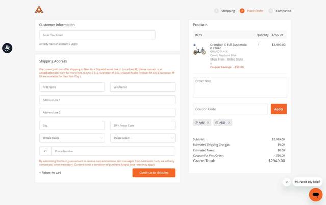 Addmotor checkout page showing Addmotor coupon code box | Screenshot taken by SimplyCodes community member on Jul 16, 2025