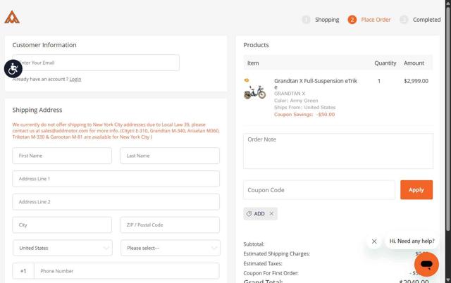Addmotor checkout page showing Addmotor coupon code box | Screenshot taken by SimplyCodes community member on Sep 16, 2025