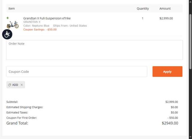 Addmotor checkout page showing Addmotor coupon code box | Screenshot taken by SimplyCodes community member on Aug 4, 2025