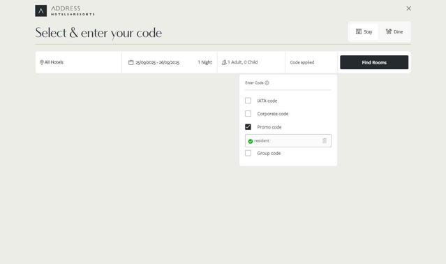 Address Hotels checkout page showing Address Hotels promo code box | Screenshot taken by SimplyCodes community member on Aug 23, 2025