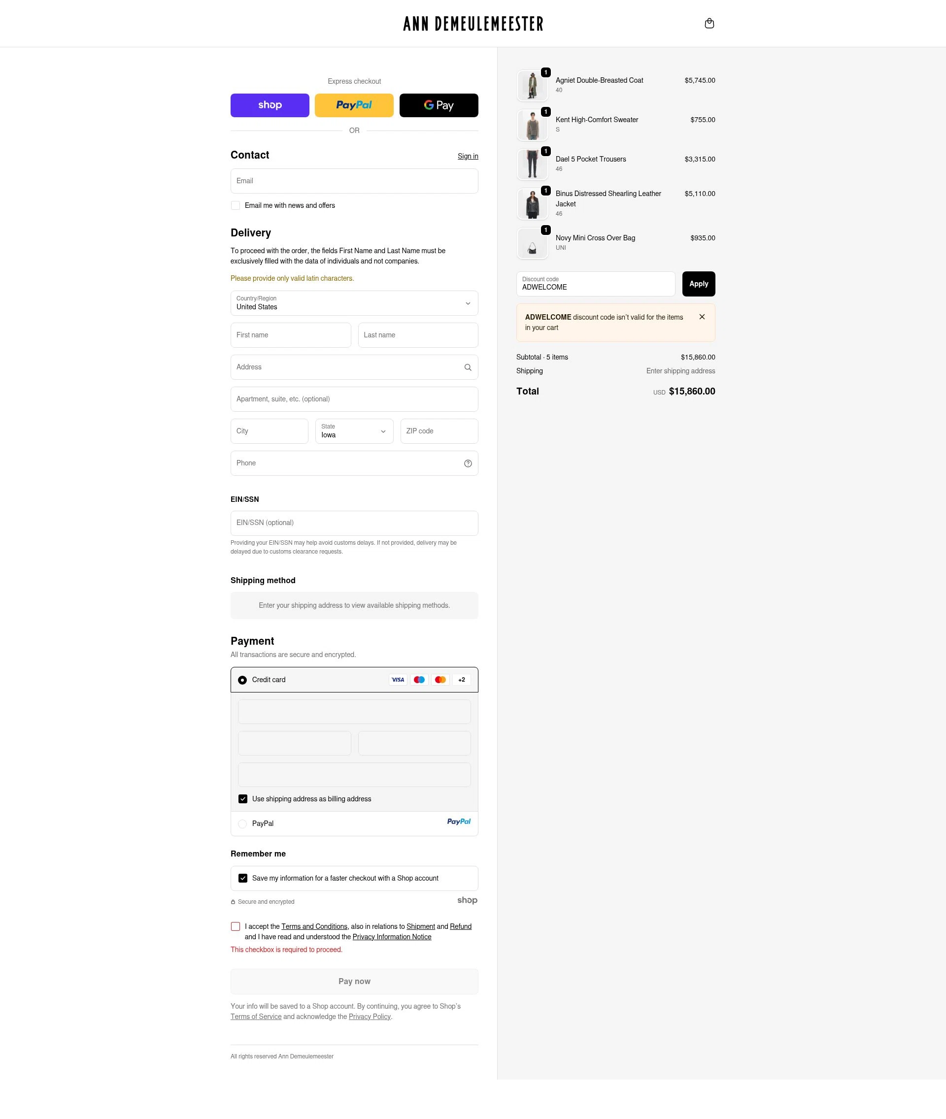 Ann Demeulemeester checkout page showing Ann Demeulemeester promo code box | Screenshot taken by SimplyCodes community member on Oct 21, 2025