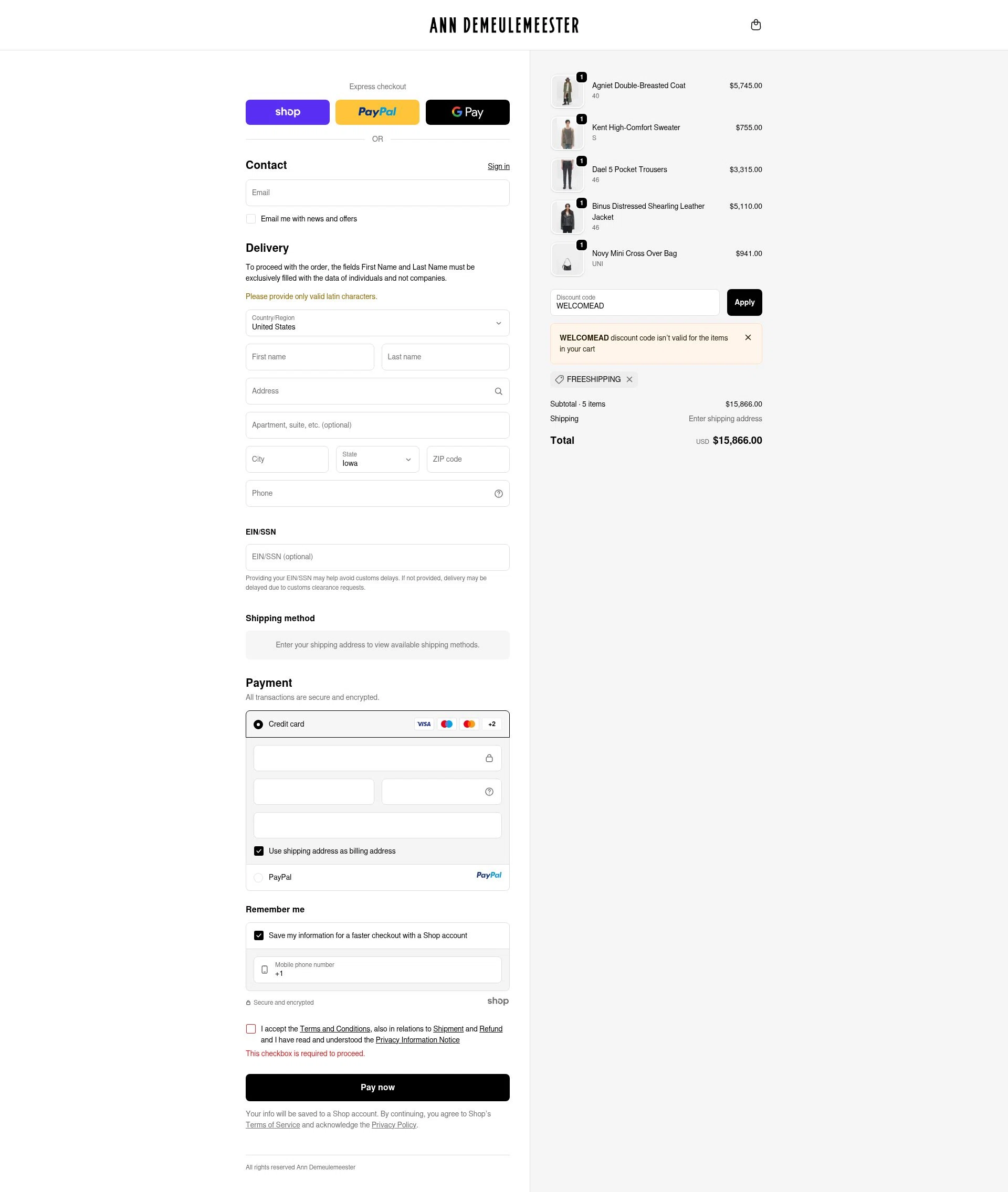 Ann Demeulemeester checkout page showing Ann Demeulemeester promo code box | Screenshot taken by SimplyCodes community member on Oct 17, 2025