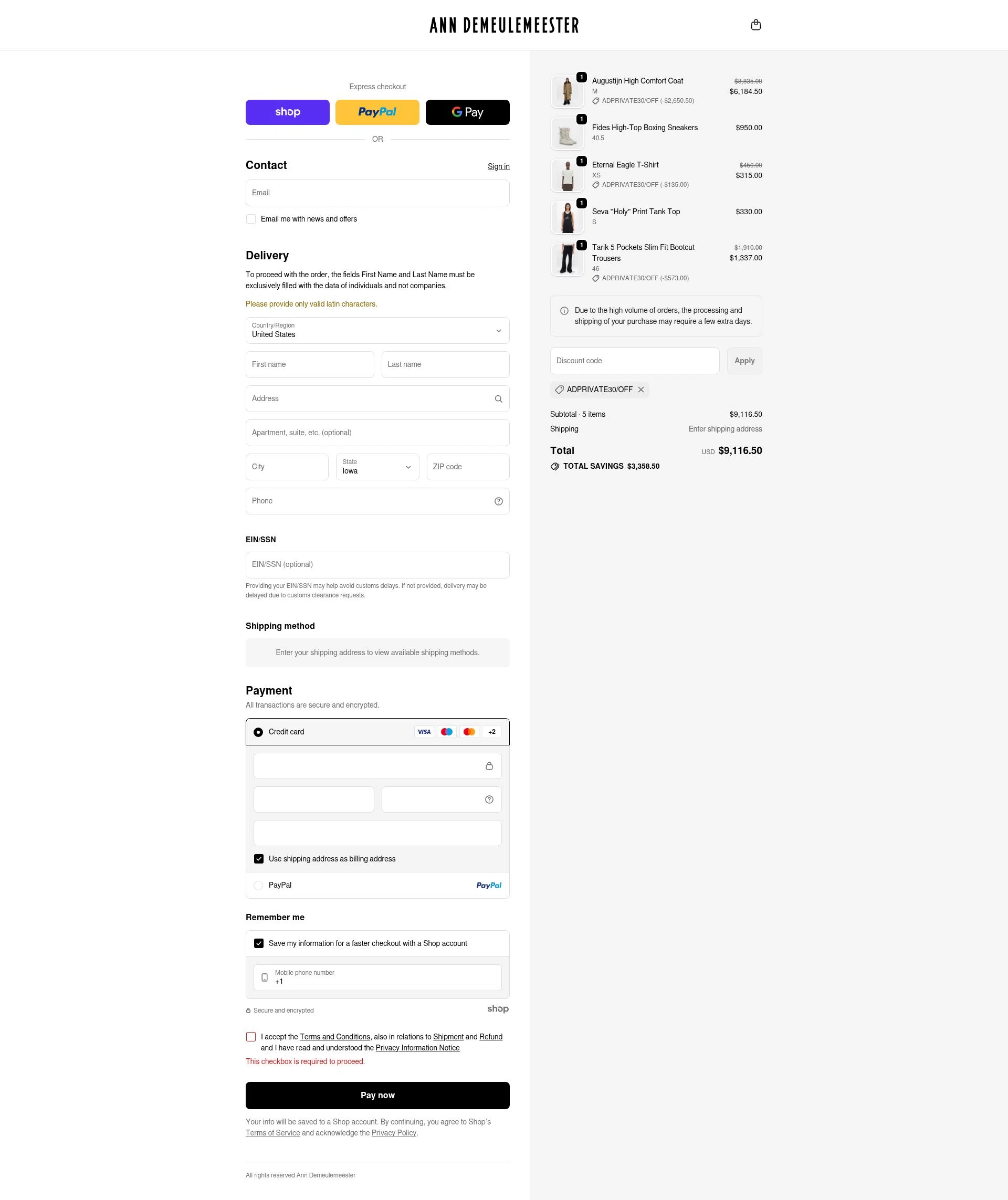 Ann Demeulemeester checkout page showing Ann Demeulemeester promo code box | Screenshot taken by SimplyCodes community member on Nov 23, 2025