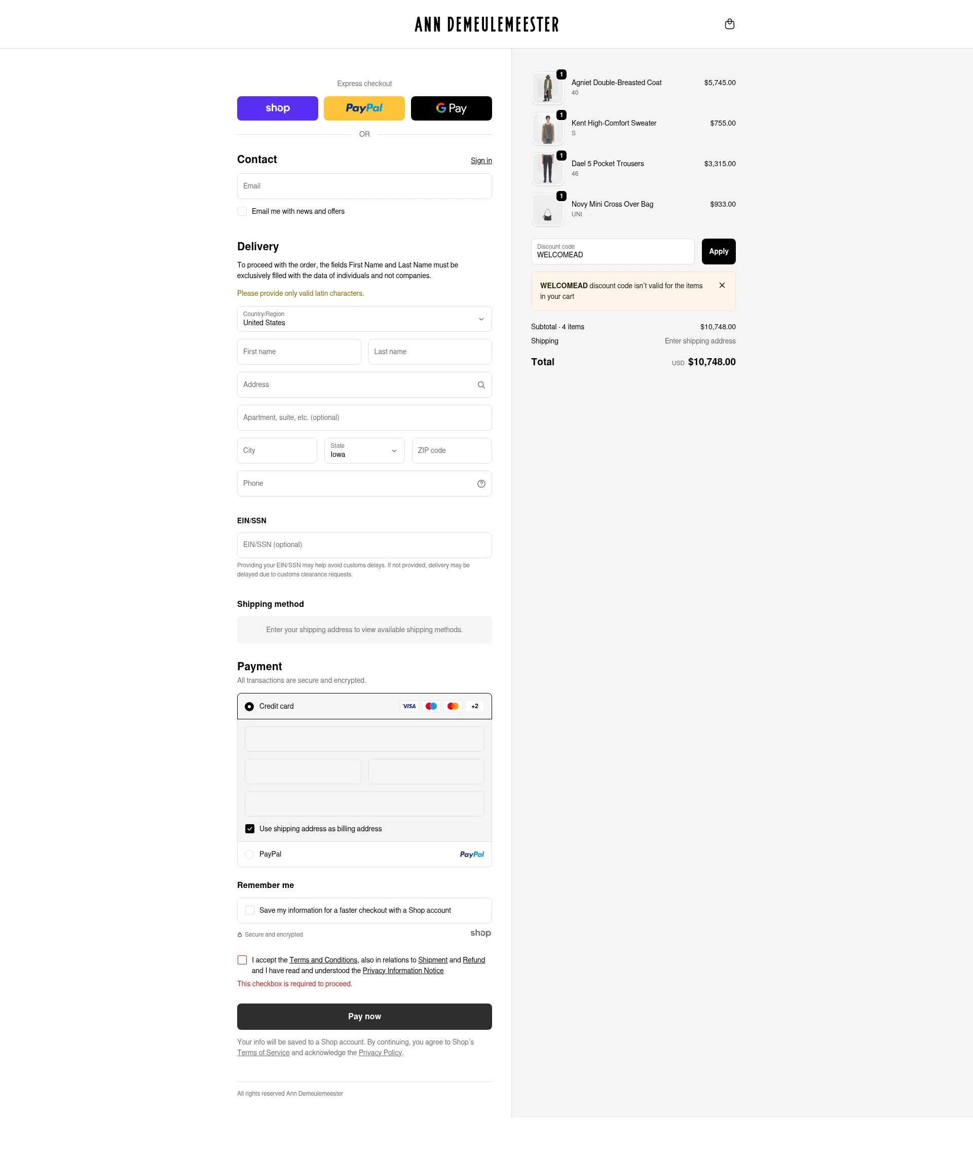 Ann Demeulemeester checkout page showing Ann Demeulemeester promo code box | Screenshot taken by SimplyCodes community member on Oct 31, 2025