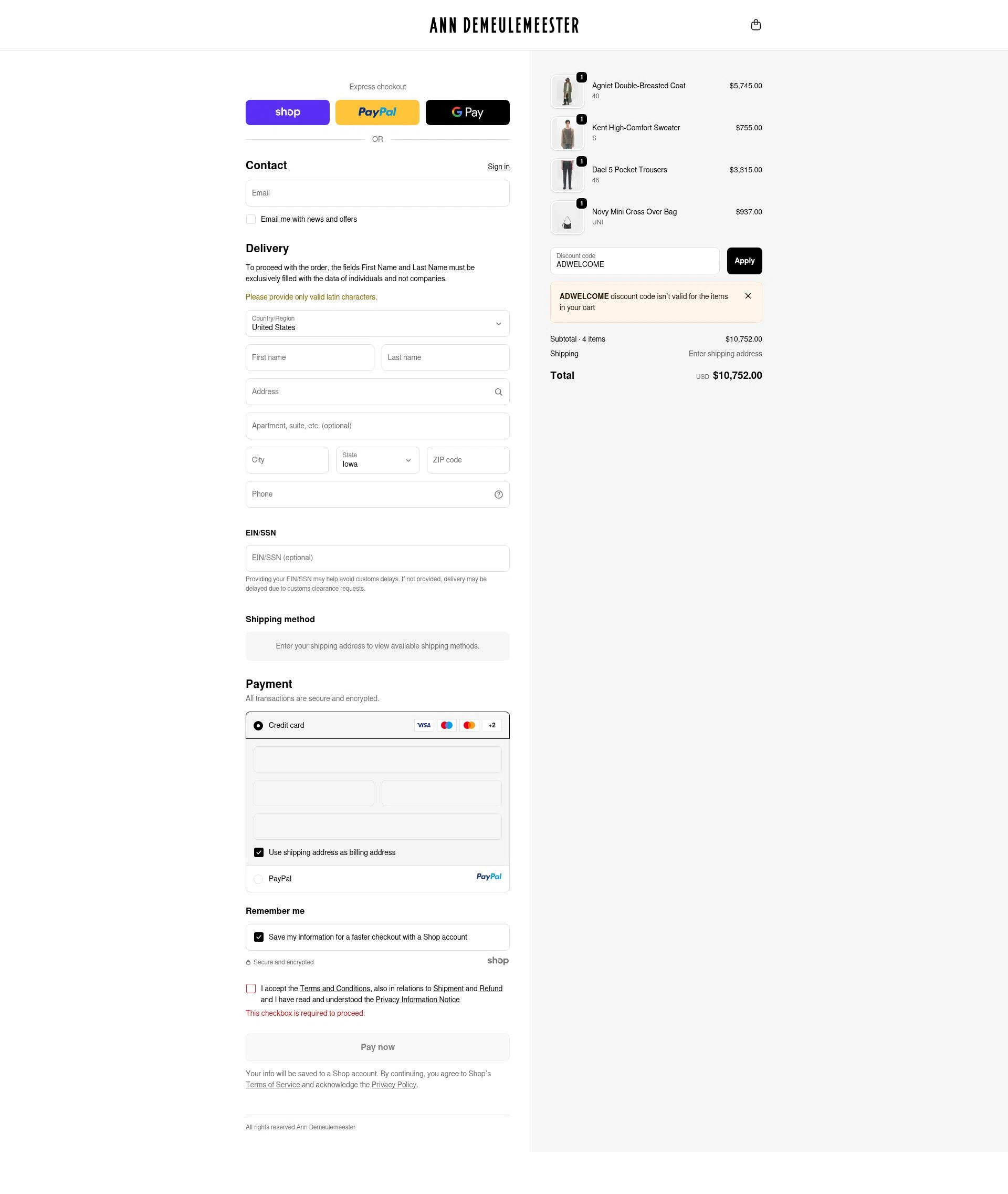 Ann Demeulemeester checkout page showing Ann Demeulemeester promo code box | Screenshot taken by SimplyCodes community member on Oct 26, 2025