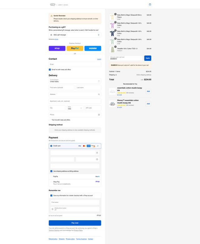 Aden + Anais checkout page showing Aden + Anais promo code box | Screenshot taken by SimplyCodes community member on Sep 5, 2025