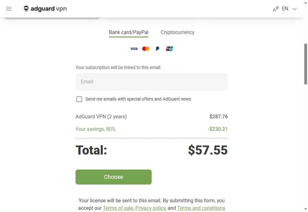 AdGuard VPN checkout page showing AdGuard VPN promo code box | Screenshot taken by SimplyCodes community member on Feb 11, 2026