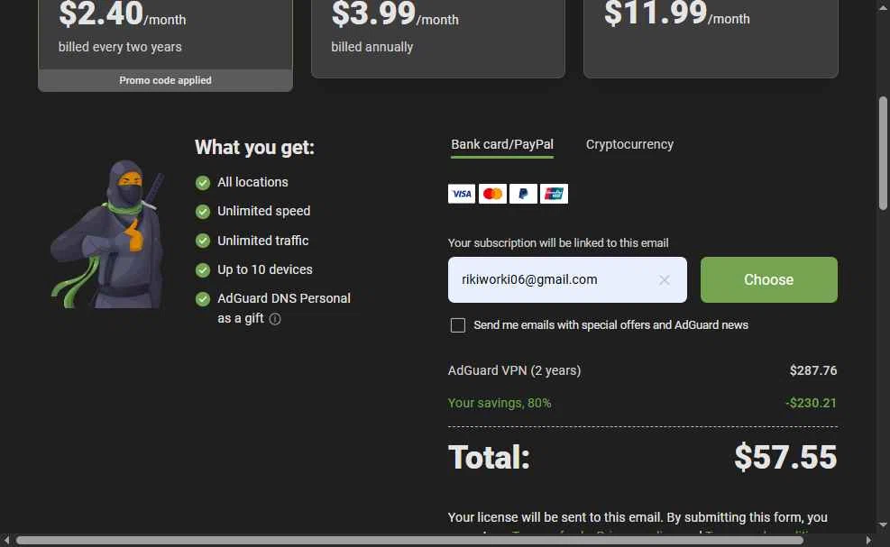 AdGuard VPN checkout page showing AdGuard VPN promo code box | Screenshot taken by SimplyCodes community member on Jan 28, 2026
