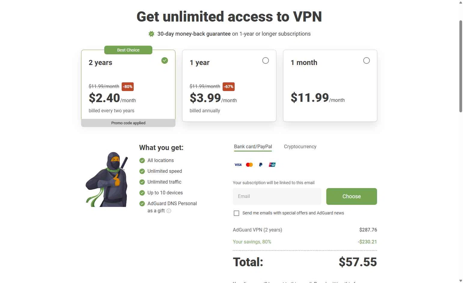 AdGuard VPN checkout page showing AdGuard VPN promo code box | Screenshot taken by SimplyCodes community member on Jan 15, 2026