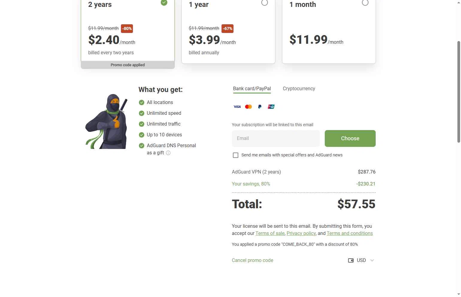 AdGuard VPN checkout page showing AdGuard VPN promo code box | Screenshot taken by SimplyCodes community member on Feb 15, 2026