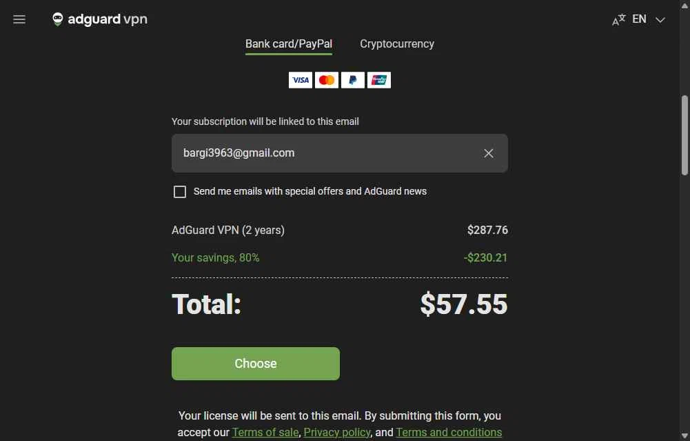 AdGuard VPN checkout page showing AdGuard VPN promo code box | Screenshot taken by SimplyCodes community member on Feb 11, 2026