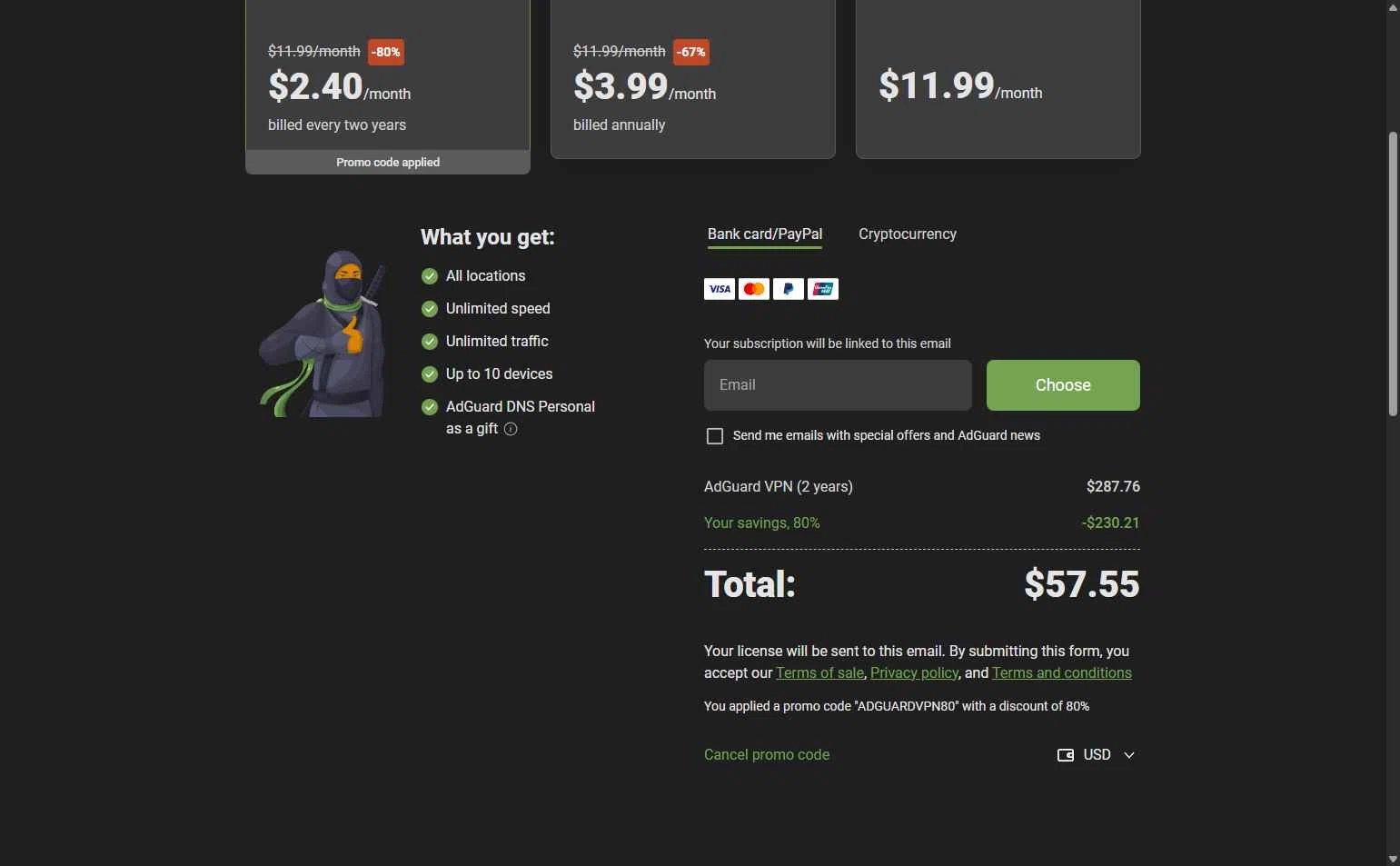 AdGuard VPN checkout page showing AdGuard VPN promo code box | Screenshot taken by SimplyCodes community member on Feb 1, 2026
