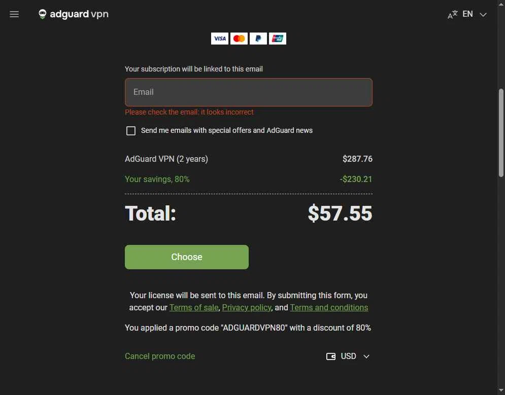 AdGuard VPN checkout page showing AdGuard VPN promo code box | Screenshot taken by SimplyCodes community member on Feb 15, 2026
