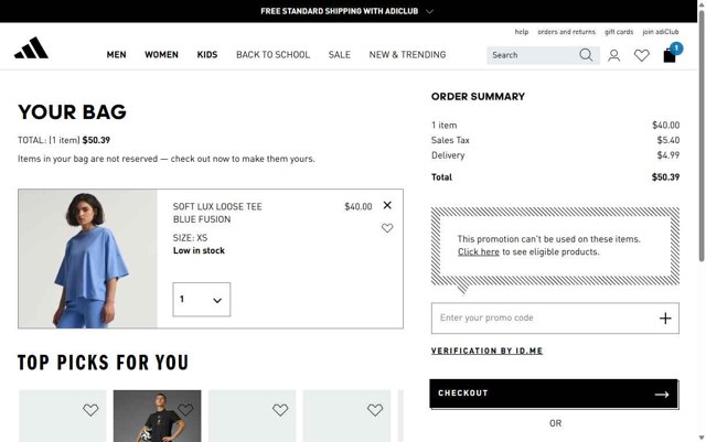 Adidas checkout page showing Adidas promo code box | Screenshot taken by SimplyCodes community member on Aug 25, 2025