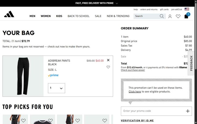 Adidas checkout page showing Adidas promo code box | Screenshot taken by SimplyCodes community member on Aug 27, 2025