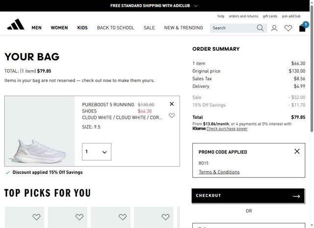 Adidas checkout page showing Adidas promo code box | Screenshot taken by SimplyCodes community member on Aug 28, 2025
