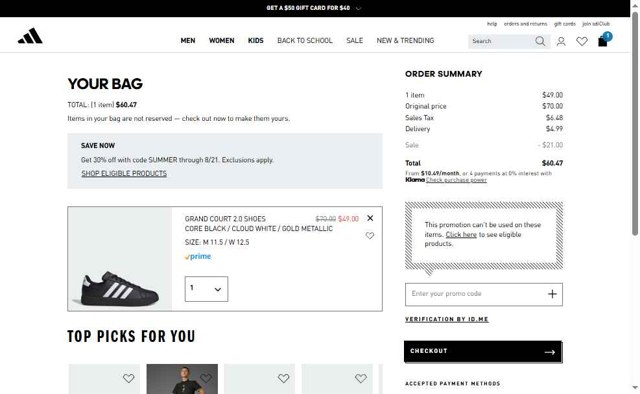 Adidas checkout page showing Adidas promo code box | Screenshot taken by SimplyCodes community member on Aug 21, 2025