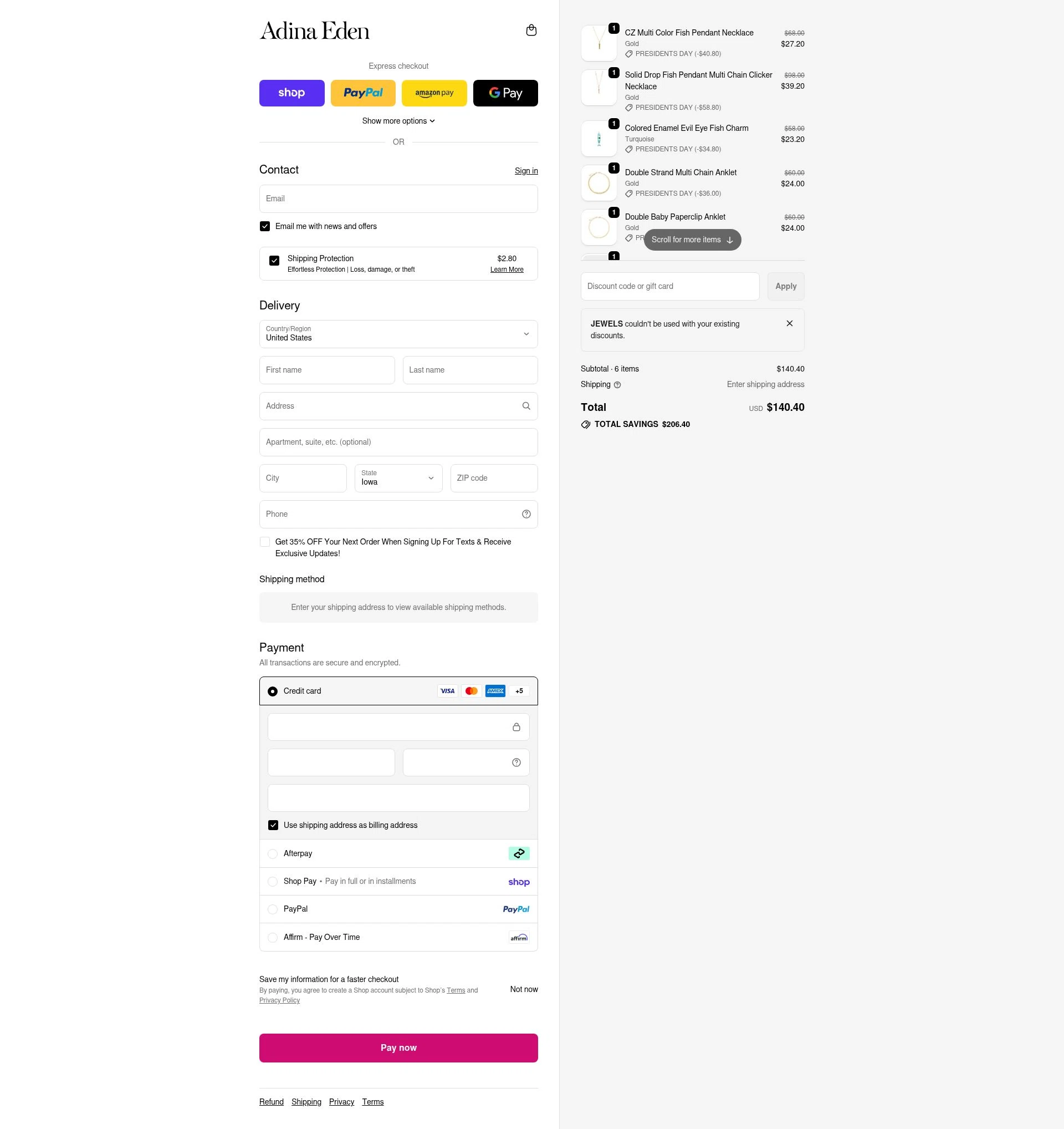 Adina Eden checkout page showing Adina Eden discount code box | Screenshot taken by SimplyCodes community member on Feb 16, 2026