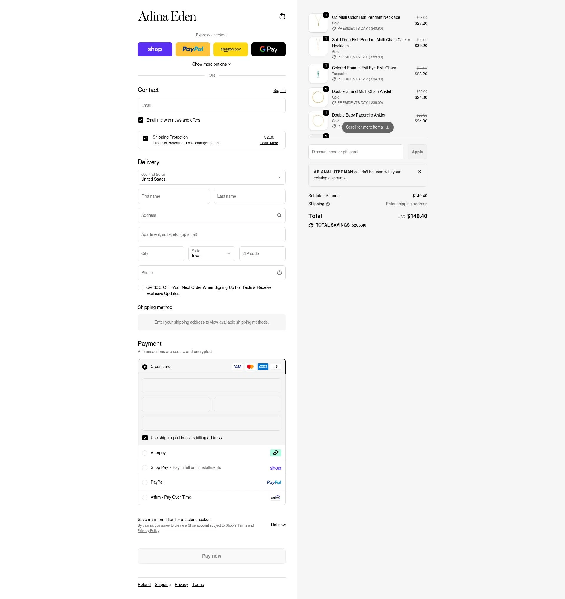 Adina Eden checkout page showing Adina Eden discount code box | Screenshot taken by SimplyCodes community member on Feb 16, 2026