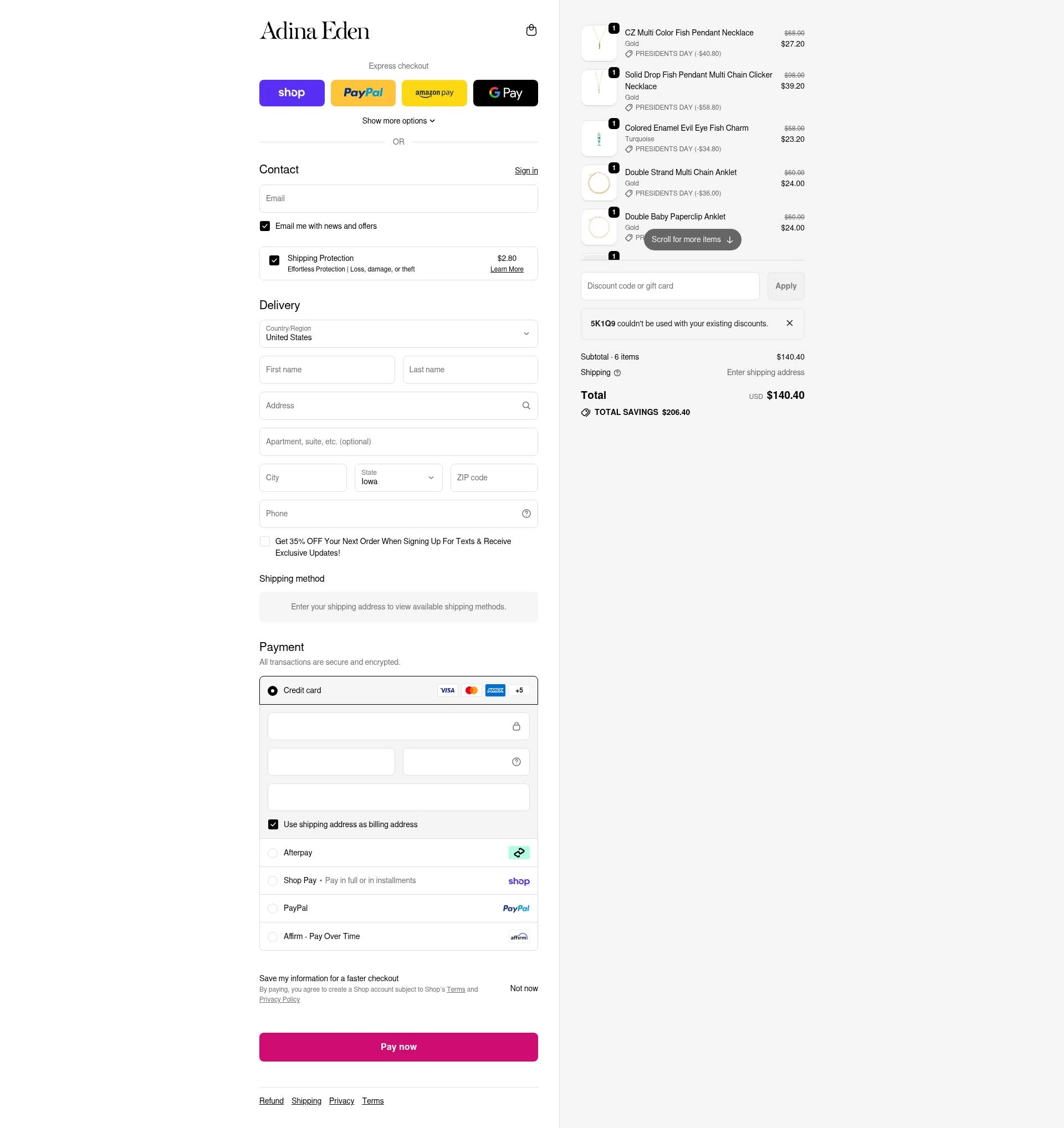 Adina Eden checkout page showing Adina Eden discount code box | Screenshot taken by SimplyCodes community member on Feb 16, 2026