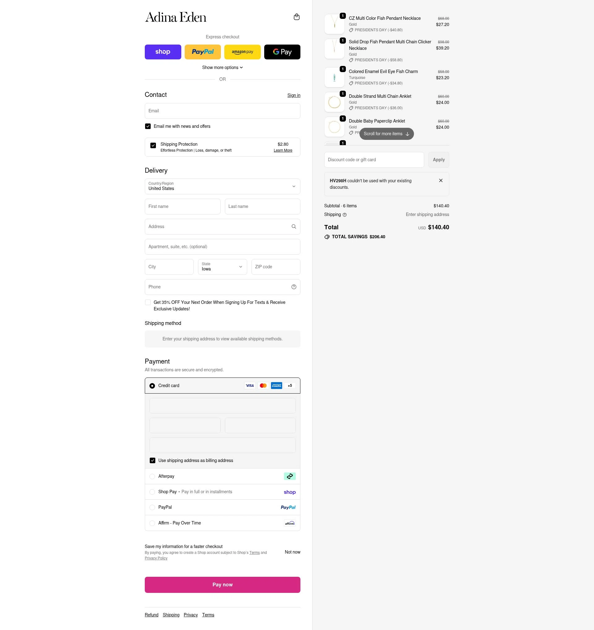 Adina Eden checkout page showing Adina Eden discount code box | Screenshot taken by SimplyCodes community member on Feb 16, 2026