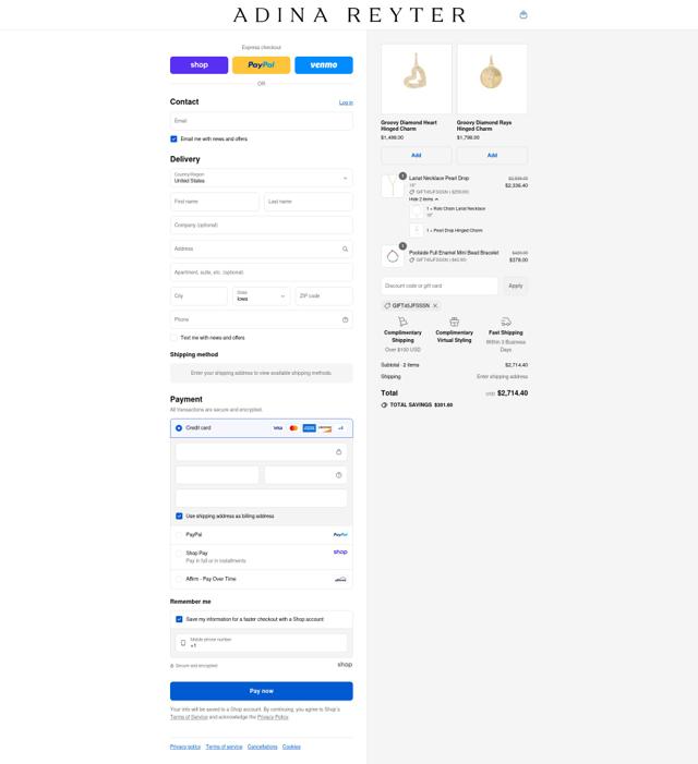 Adina Reyter checkout page showing Adina Reyter discount code box | Screenshot taken by SimplyCodes community member on Aug 30, 2025