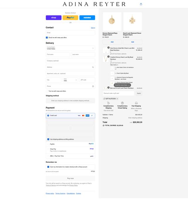 Adina Reyter checkout page showing Adina Reyter discount code box | Screenshot taken by SimplyCodes community member on Sep 12, 2025
