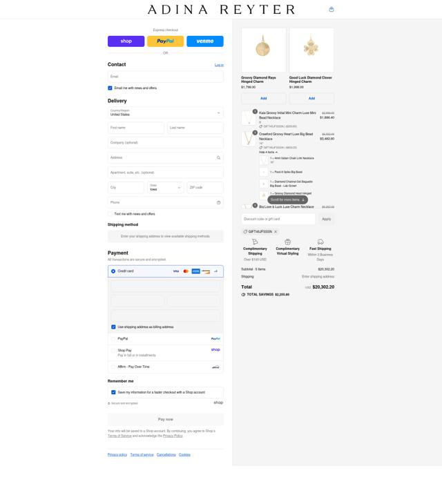 Adina Reyter checkout page showing Adina Reyter discount code box | Screenshot taken by SimplyCodes community member on Sep 8, 2025