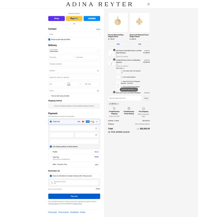 Adina Reyter checkout page showing Adina Reyter discount code box | Screenshot taken by SimplyCodes community member on Sep 8, 2025