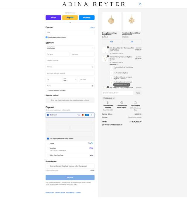 Adina Reyter checkout page showing Adina Reyter discount code box | Screenshot taken by SimplyCodes community member on Sep 12, 2025