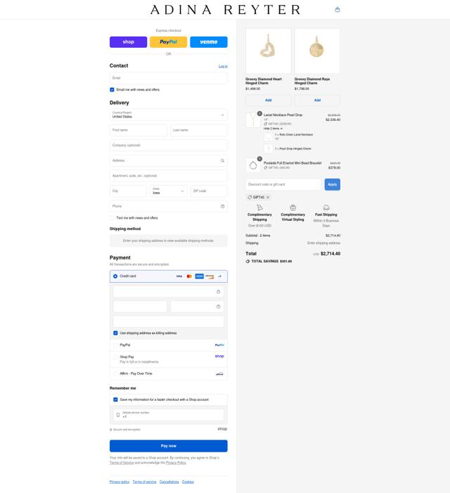 Adina Reyter checkout page showing Adina Reyter discount code box | Screenshot taken by SimplyCodes community member on Sep 4, 2025