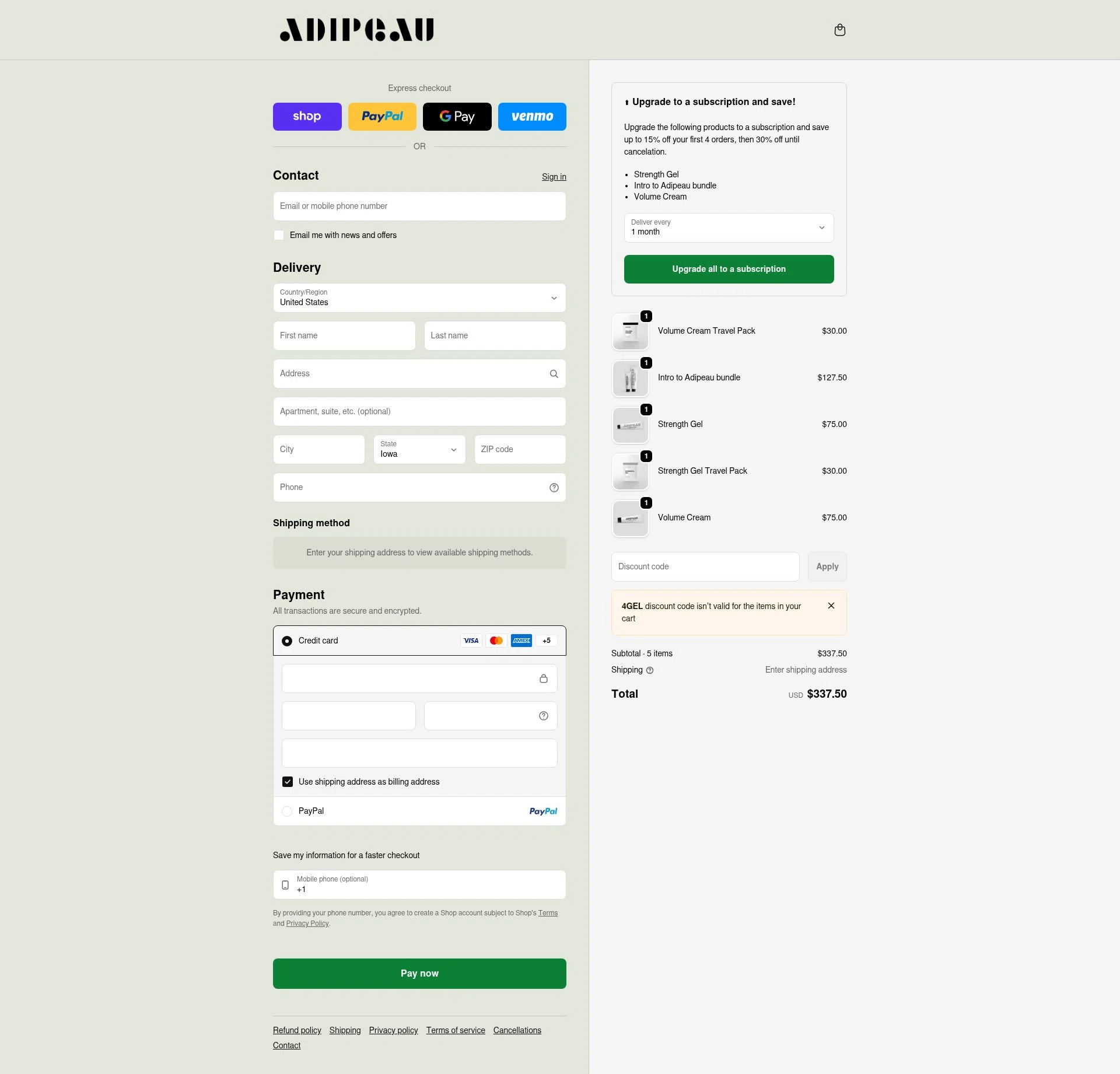 Adipeau checkout page showing Adipeau discount code box | Screenshot taken by SimplyCodes community member on Feb 19, 2026